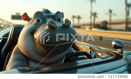 A hippo sits behind the wheel of a race car and competes in a championship race 121728000