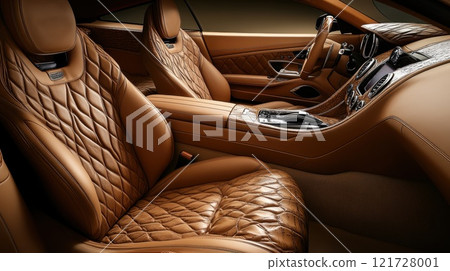 Interior of a luxury passenger car in brown leather . Instrument panel, steering wheel, gearshift lever, multimedia system, driver's seats 121728001