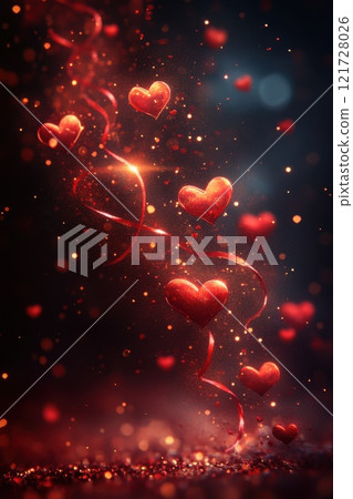 Red hearts and wavy lines on black isolated background . Valentine's Day Background 121728026