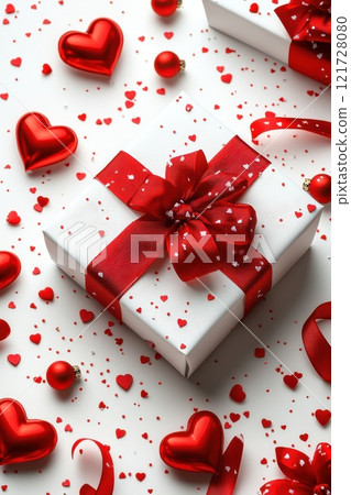 Top view of White gift box with red ribbon on white background surrounded by heart shaped ornaments. Perfect for Valentine's Day or romantic holidays Top view of White gift box with red ribbon on white background surrounded by heart shaped ornaments. Perfect for Valentine's Day or romantic holidays 121728080
