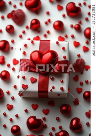 Top view of White gift box with red ribbon on white background surrounded by heart shaped ornaments. Perfect for Valentine's Day or romantic holidays 121728081