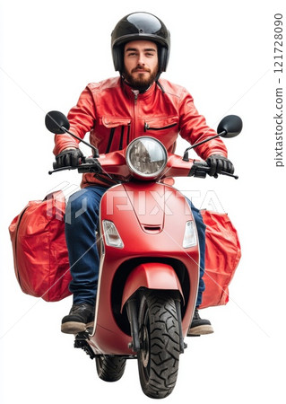 courier on a red scooter with a box on a white isolated background. express food delivery service from cafes and restaurants 121728090