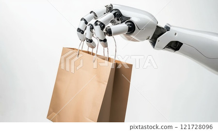 A robot hand holding a kraft paper bag , isolated on a white background 121728096