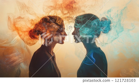 Silhouettes of a couple in love opposite each other. A man and a woman who love each other. illustration 121728103