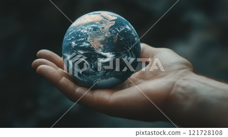 Layout of Planet earth on the hand of man. Nature and Technology. Green energy, renewable and sustainable resources. Caring for the environment and ecology 121728108