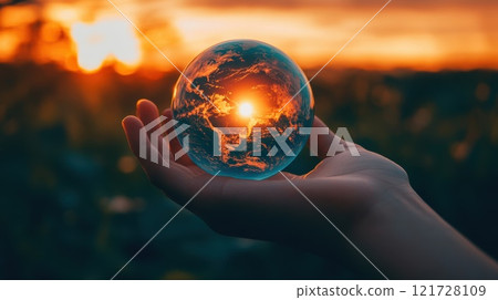 Layout of Planet earth on the hand of man. Nature and Technology. Green energy, renewable and sustainable resources. Caring for the environment and ecology 121728109