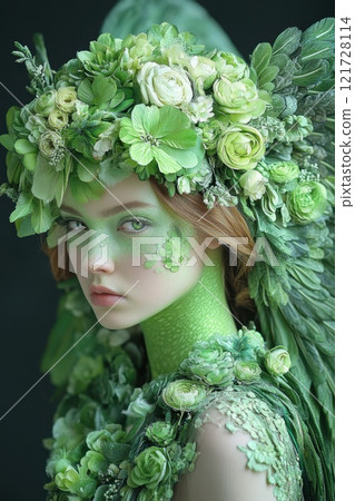 Portrait of a female angel in a green dress. Angel girl from fantasy movie 121728114