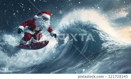 Santa Claus on a surfboard on ocean waves. New Year and Christmas active vacation concept Santa Claus on a surfboard on ocean waves. New Year and Christmas active vacation concept 121728145