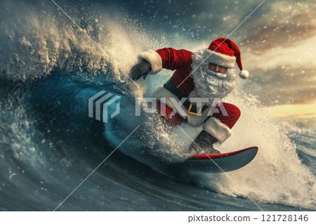 Santa Claus on a surfboard on ocean waves. New Year and Christmas active vacation concept Santa Claus on a surfboard on ocean waves. New Year and Christmas active vacation concept 121728146