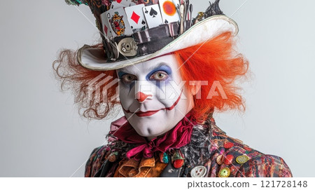 Portrait of the Hatter on a white isolated background. Cloen wearing a hat at a celebration 121728148