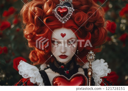 Portrait of a woman in the Queen of Hearts Costume from the fairy tale. Fairy tale character in nature Portrait of a woman in the Queen of Hearts Costume from the fairy tale. Fairy tale character in nature 121728151