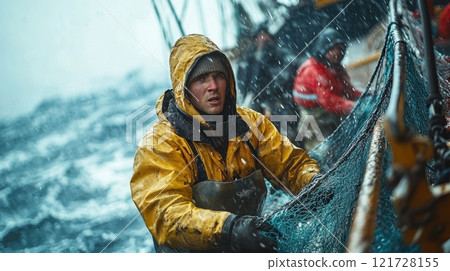 A fisherman catches fish with nets on an industrial fishing vessel in the northern seas. Industrial fishing 121728155