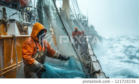 A fisherman catches fish with nets on an industrial fishing vessel in the northern seas. Industrial fishing A fisherman catches fish with nets on an industrial fishing vessel in the northern seas. Industrial fishing 121728156