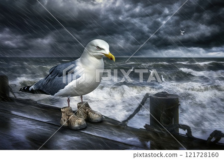 Seagull in boots in bad weather on a pier by the ocean. The concept of bad weather Seagull in boots in bad weather on a pier by the ocean. The concept of bad weather 121728160
