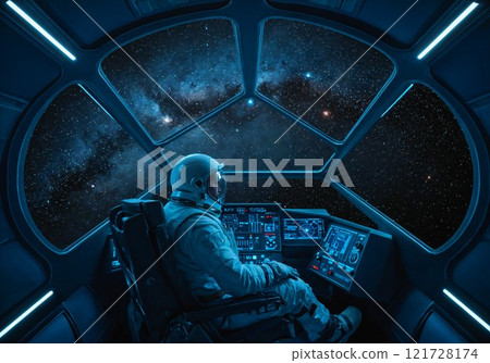 Astronaut sitting in the cockpit of a spaceship 121728174
