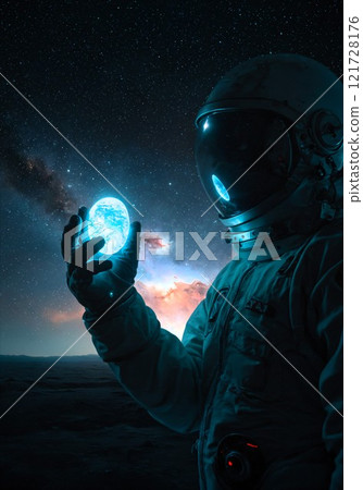 Astronaut holding a glowing stone 121728176