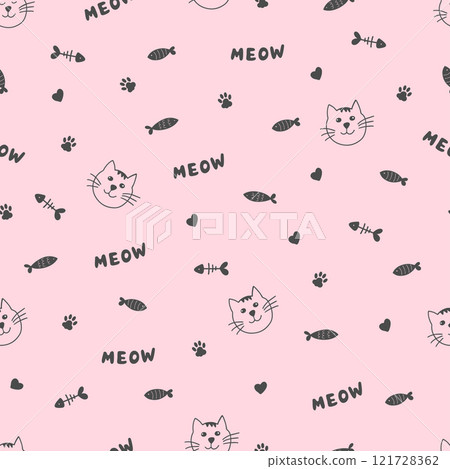 Cat faces, paws, meow seamless pattern vector. Hand drawn doodle pattern. Vector illustration 121728362