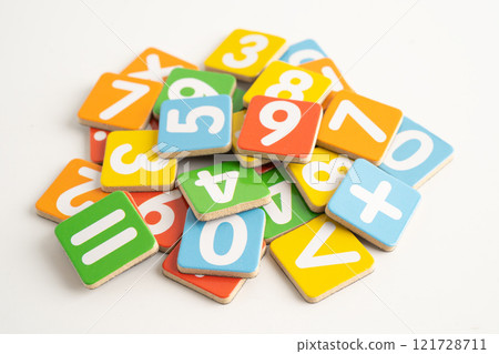 Math number colorful on white background, education study mathematics learning teach. 121728711