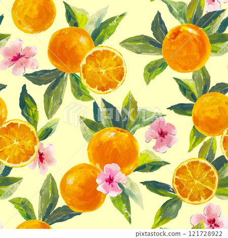 Beautiful seamless pattern with watercolor fresh oranges with leaves and flowers in sunny Mediterranean style. Ready summer print design for wallpapers, wrappings, textile. 121728922
