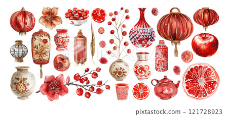 Set of isolated Chinese New Year decoration elements in watercolor illustration style on a transparent background. Volume 6: vivid red, white and gold color tones. 121728923