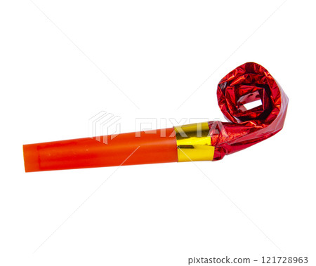 Red party horn whistle noisemaker isolated on the white background 121728963