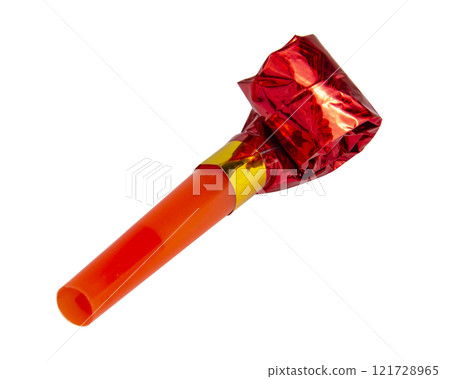 Red party horn whistle noisemaker isolated on the white background Red party horn whistle noisemaker isolated on the white background 121728965