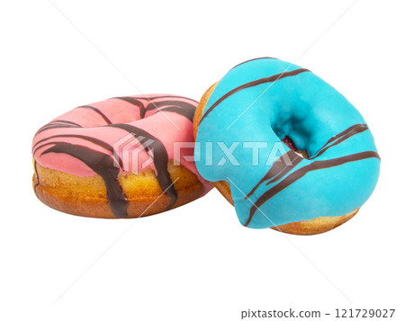 Tasty glazed multicolor donuts isolated on the white background Tasty glazed multicolor donuts isolated on the white background 121729027