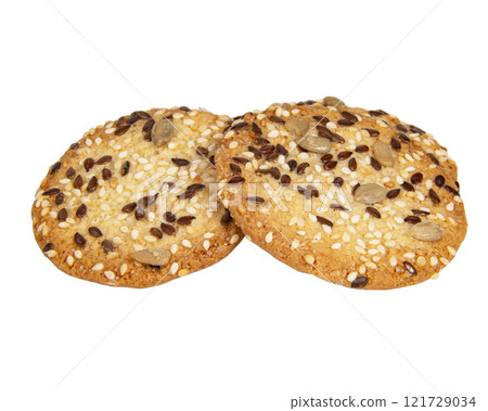Whole grain snack cereal cookies with seeds isolated on the white background 121729034