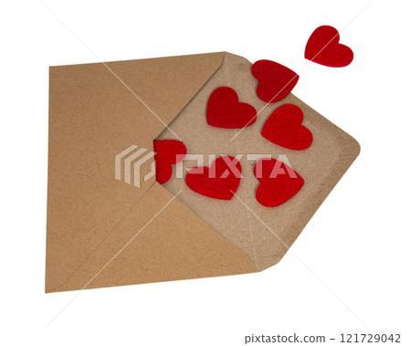 Brown craft envelope with felt hearts love concept isolated on the white background 121729042