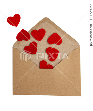 Brown craft envelope with felt hearts love concept isolated on the white background 121729043