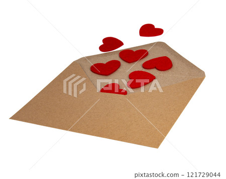 Brown craft envelope with felt hearts love concept isolated on the white background 121729044