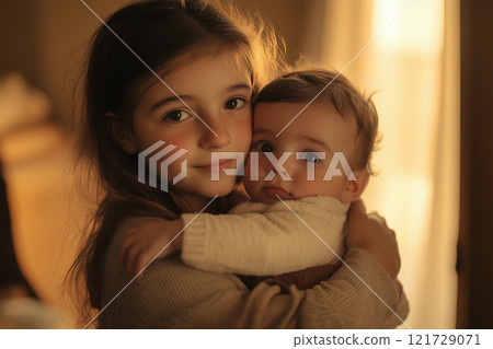 Older sister holds her baby brother in a warm embrace during a cozy moment at home 121729071