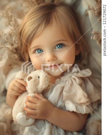 Portrait of a baby girl with big blue eyes holding a soft teddy bear in a cozy setting at home 121729072