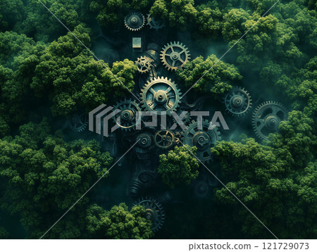 Aerial view of lush forest intertwined with large industrial gears, showcasing contrast between nature and machinery. scene evokes sense of harmony and tension, ai generative 121729073