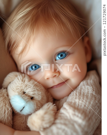 Portrait of a baby girl with big blue eyes gently cuddling a soft teddy bear in a cozy setting 121729074