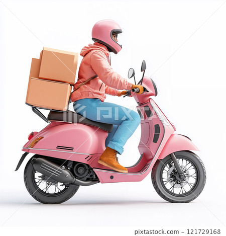 delivery person rides pink scooter with boxes, showcasing urban logistics. vibrant colors and modern design highlight efficiency of delivery services, ai generative 121729168