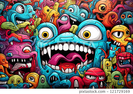 Colorful cartoon monsters with exaggerated features and expressions create vibrant and playful atmosphere. artwork showcases variety of unique characters, each with distinct colors and, ai generative Colorful cartoon monsters with exaggerated features and expressions create vibrant and playful atmosphere. artwork showcases variety of unique characters, each with distinct colors and, ai generative 121729169