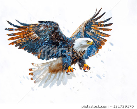 Majestic eagle soaring with outstretched wings, showcasing vibrant feathers and fierce expression. stunning representation of wildlife in motion, ai generative 121729170