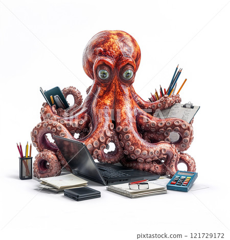 octopus working diligently at desk surrounded by office supplies, laptops, and paperwork, showcasing its multitasking abilities and intelligence, ai generative 121729172