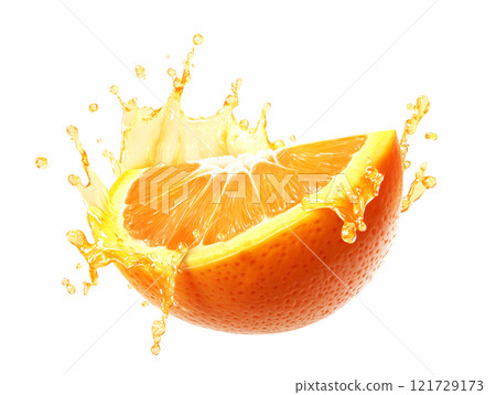 Fresh orange slice with splash, vibrant and juicy, showcasing bright colors and refreshing essence. Perfect for food photography and beverage concepts, ai generative Fresh orange slice with splash, vibrant and juicy, showcasing bright colors and refreshing essence. Perfect for food photography and beverage concepts, ai generative 121729173