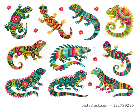 Mexican lizards. Colourful lizard ethnic ornament mexico folk art skin, funny gecko chameleon iguana exotic reptile pet, kid drawing wildlife mascot set tidy vector illustration Mexican lizards. Colourful lizard ethnic ornament mexico folk art skin, funny gecko chameleon iguana exotic reptile pet, kid drawing wildlife mascot set tidy vector illustration 121729250