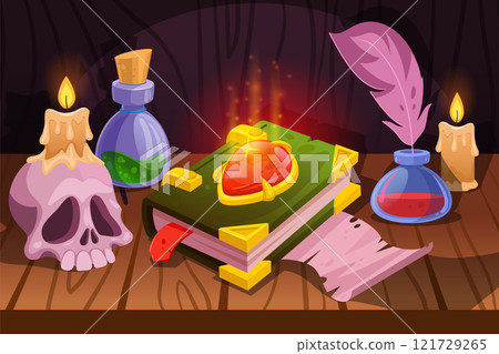 Wizard table. Witch workspace, alchemic desk magic lab room cartoon interior wizards magical book potion skull magician alchemy school house tidy house tidy vector illustration 121729265