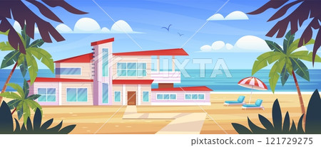 Island cottage. Modern bungalow tropical resort, private luxury villa hotel apartment on ocean beach exotic paradise seaside summer vacation or holiday, swanky vector illustration 121729275
