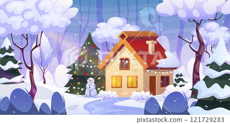 Winter forest cabin. Snowy house forrester hut or mountain resort chalet cartoon snowscape, fairytale christmas season cosy house family home snow nature swanky vector illustration 121729283