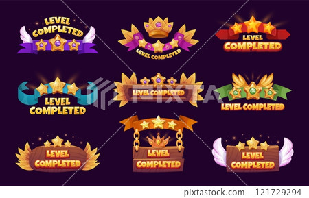 Game level complete. Completed gaming map or victory win achievement ui badges, stars on board or ribbon levels score interface button winner bar cartoon swanky vector illustration Game level complete. Completed gaming map or victory win achievement ui badges, stars on board or ribbon levels score interface button winner bar cartoon swanky vector illustration 121729294