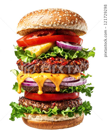 Delicious burger stacked high with fresh ingredients, including lettuce, tomatoes, onions, and melted cheese, all in sesame seed bun, perfect for hearty meal, ai generative 121729298