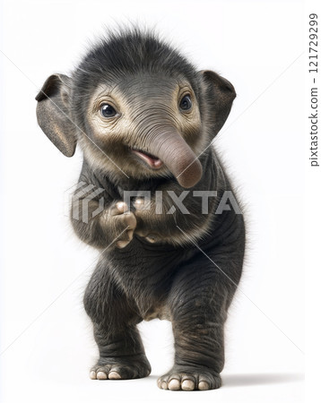 cute baby elephant with fluffy hair, playfully posing and smiling. This adorable creature showcases its charm and innocence, captivating hearts with its playful demeanor, ai generative 121729299