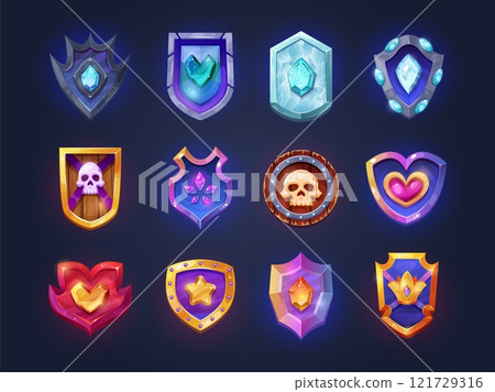 Cartoon game medieval shields. Fantasy rpg wooden or metal shield, ancient warrior viking knight iron armor arms protection inventory gaming element, swanky vector illustration Cartoon game medieval shields. Fantasy rpg wooden or metal shield, ancient warrior viking knight iron armor arms protection inventory gaming element, swanky vector illustration 121729316