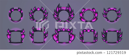 Avatar tech frames. Futuristic game sci fi borders, cyber technology ui asset hud elements user level rank frame space gaming neon badge cartoon icon set swanky vector illustration Avatar tech frames. Futuristic game sci fi borders, cyber technology ui asset hud elements user level rank frame space gaming neon badge cartoon icon set swanky vector illustration 121729319