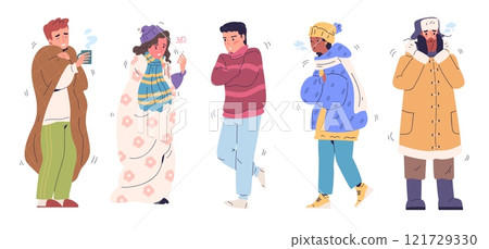 People shiver. Man woman shivering with cold in winter or autumn weather, freezing guys shaking warm clothes scarf parka and blanket coldness outdoor set classy vector illustration 121729330